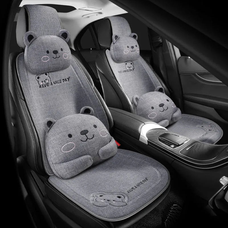 Car seat cushion set showing headrest and lumbar support cushions in linen fabric