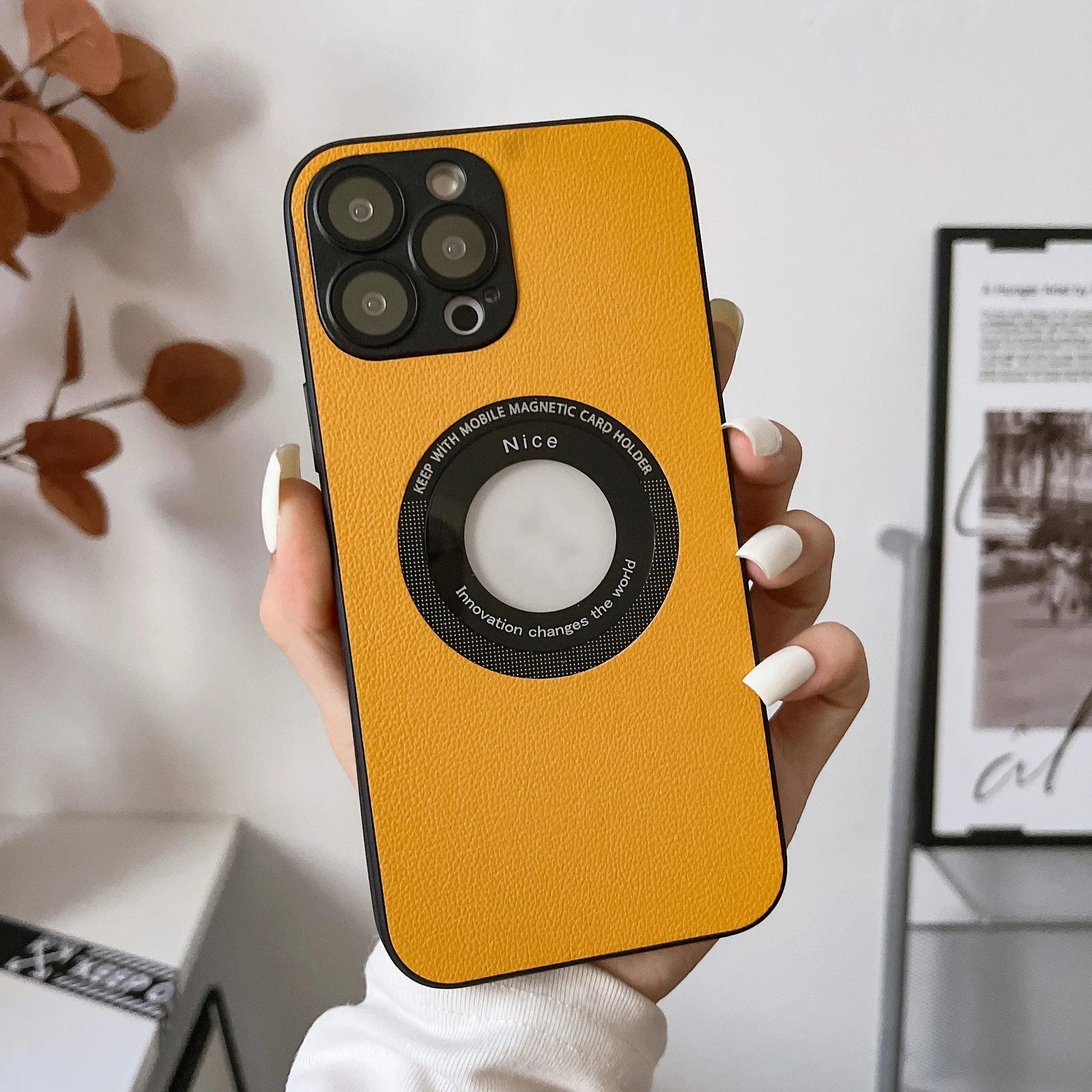 Black litchi grain leather phone case for iPhone 15 Pro with magnetic suction and anti-fingerprint finish