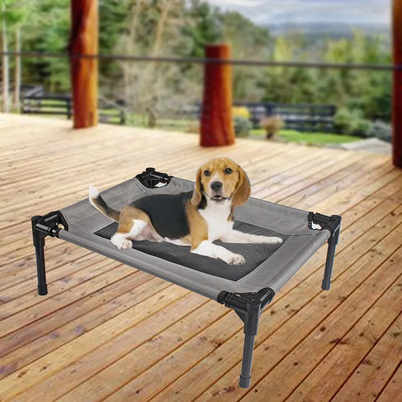 Outdoor camping dog bed with steel frame and removable oxford cloth cover shown in black colour