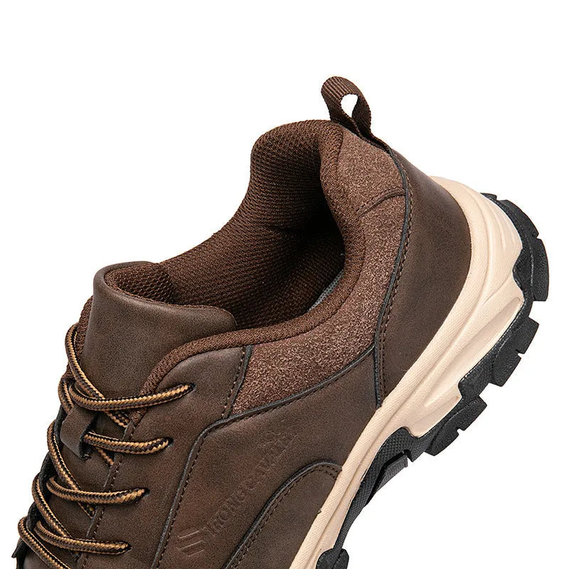 Men's black leather waterproof deodorant casual board shoes with front lace-up, side view
