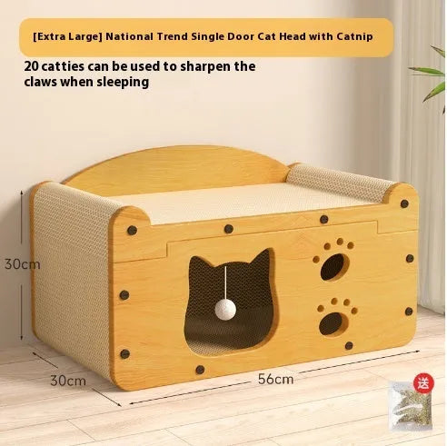 Brown corrugated cardboard cat house with double layer construction and two ball-shaped entrance doors