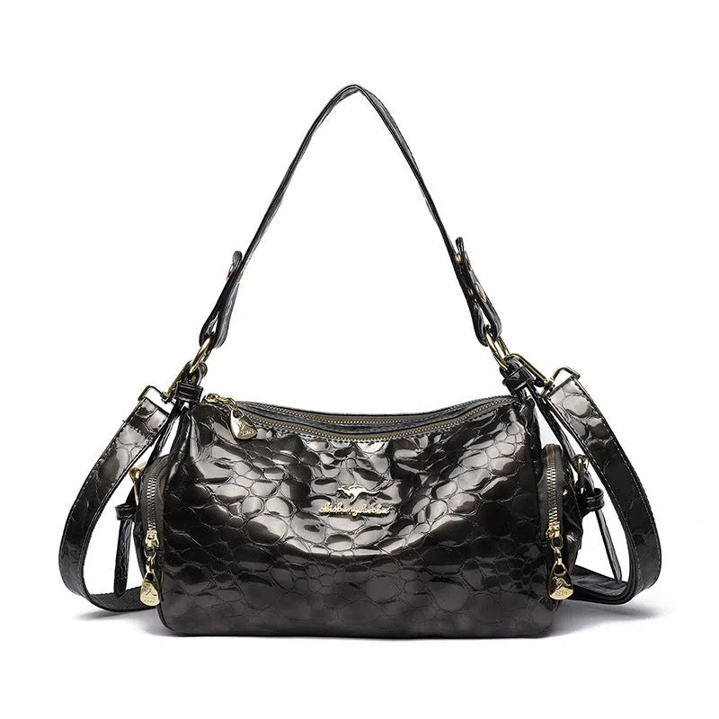 PU leather Boston pillow bag in khaki with stitched seams and stone pattern, double shoulder straps, internal pocket