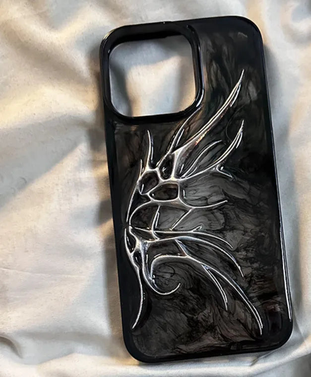 Black iPhone case with three-dimensional blooming wings design for anti-drop protection