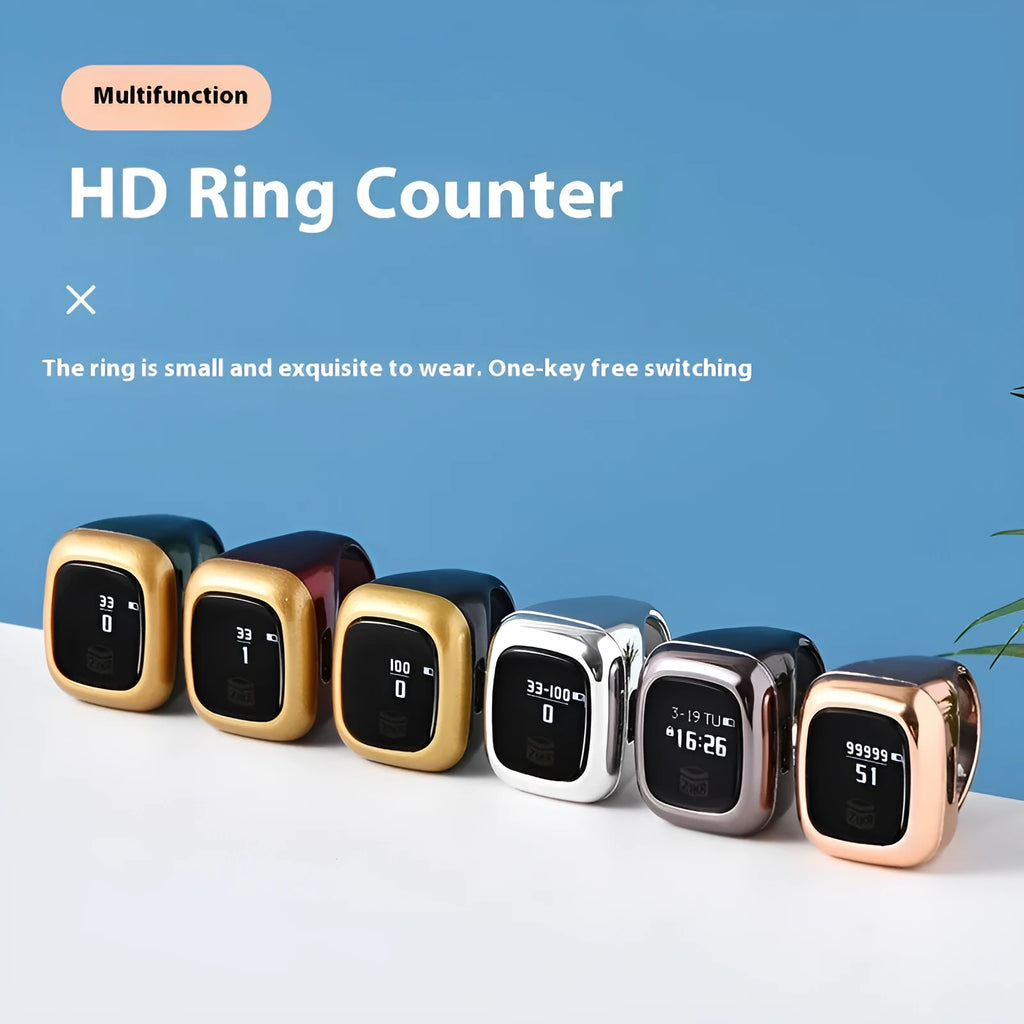 Al-fatiha digital electronic wrist counter with display screen shown in multiple colour options.