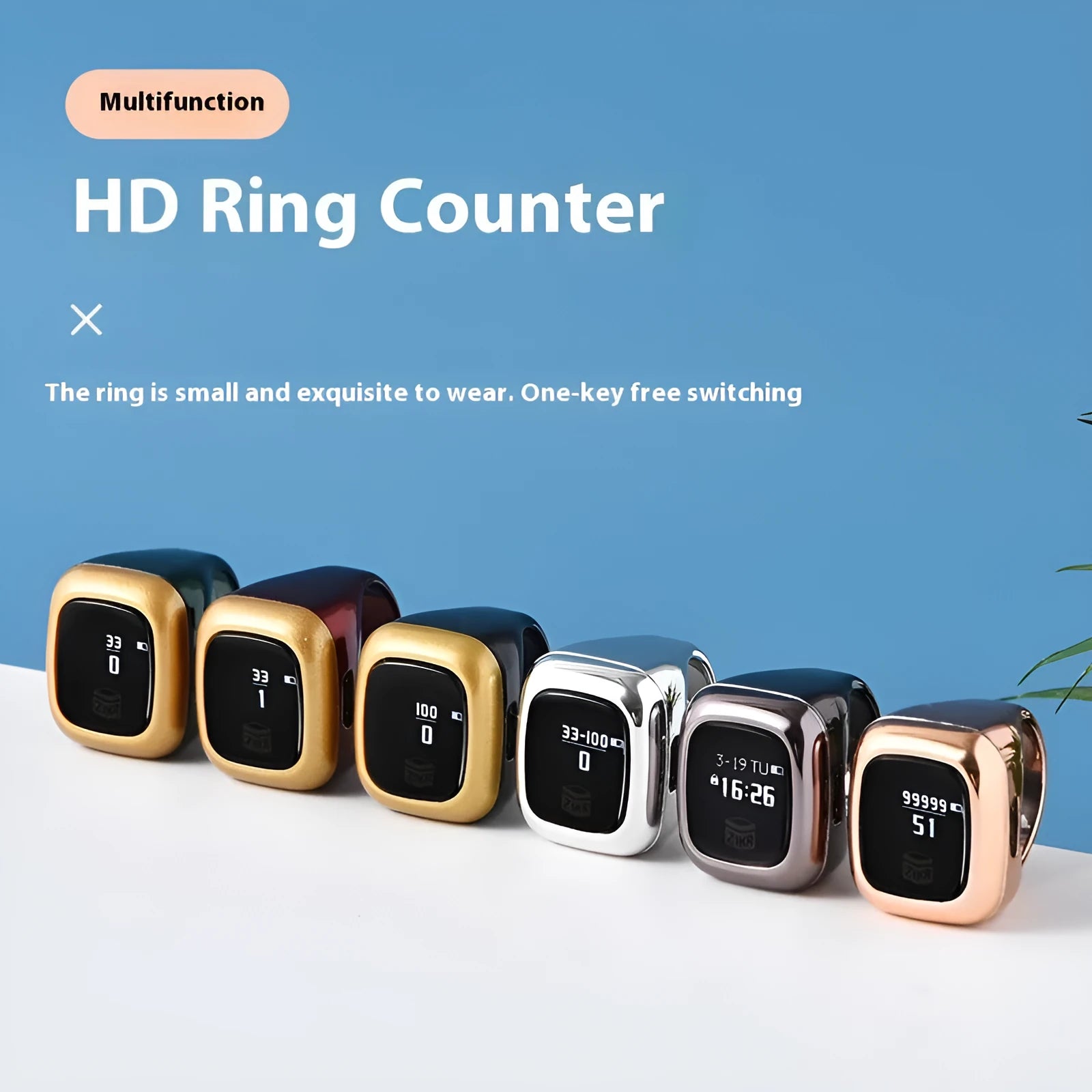 Al-fatiha digital electronic wrist counter with display screen shown in multiple colour options.