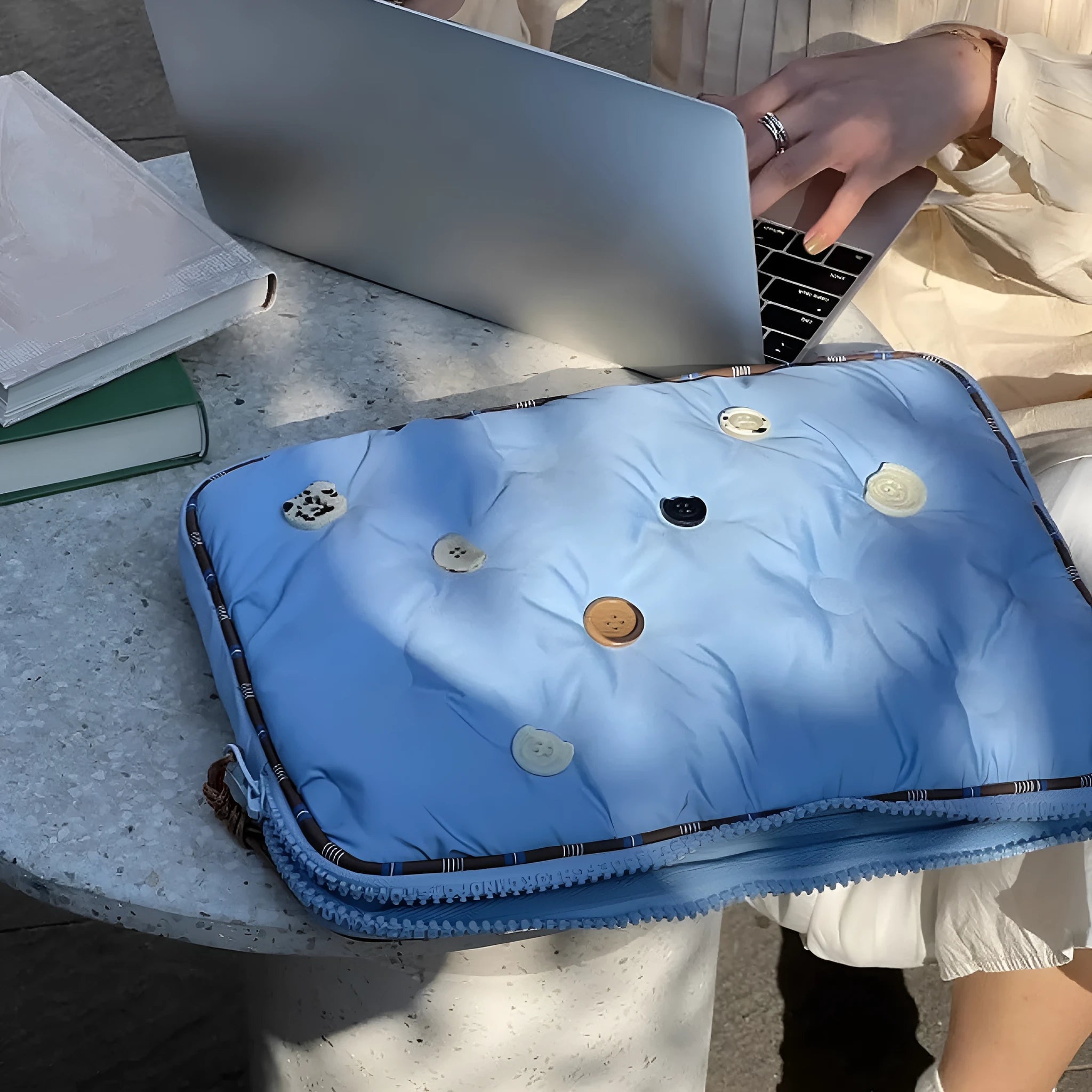 Blue and citrus plaid nylon laptop sleeve bag for 13.3 to 16 inch computers.