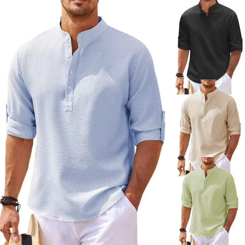 Men's stand collar button shirt with pineapple texture, long sleeve loose fit top in white