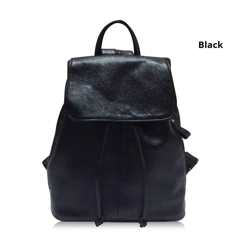Black genuine leather women's backpack with multiple compartments and waterproof design