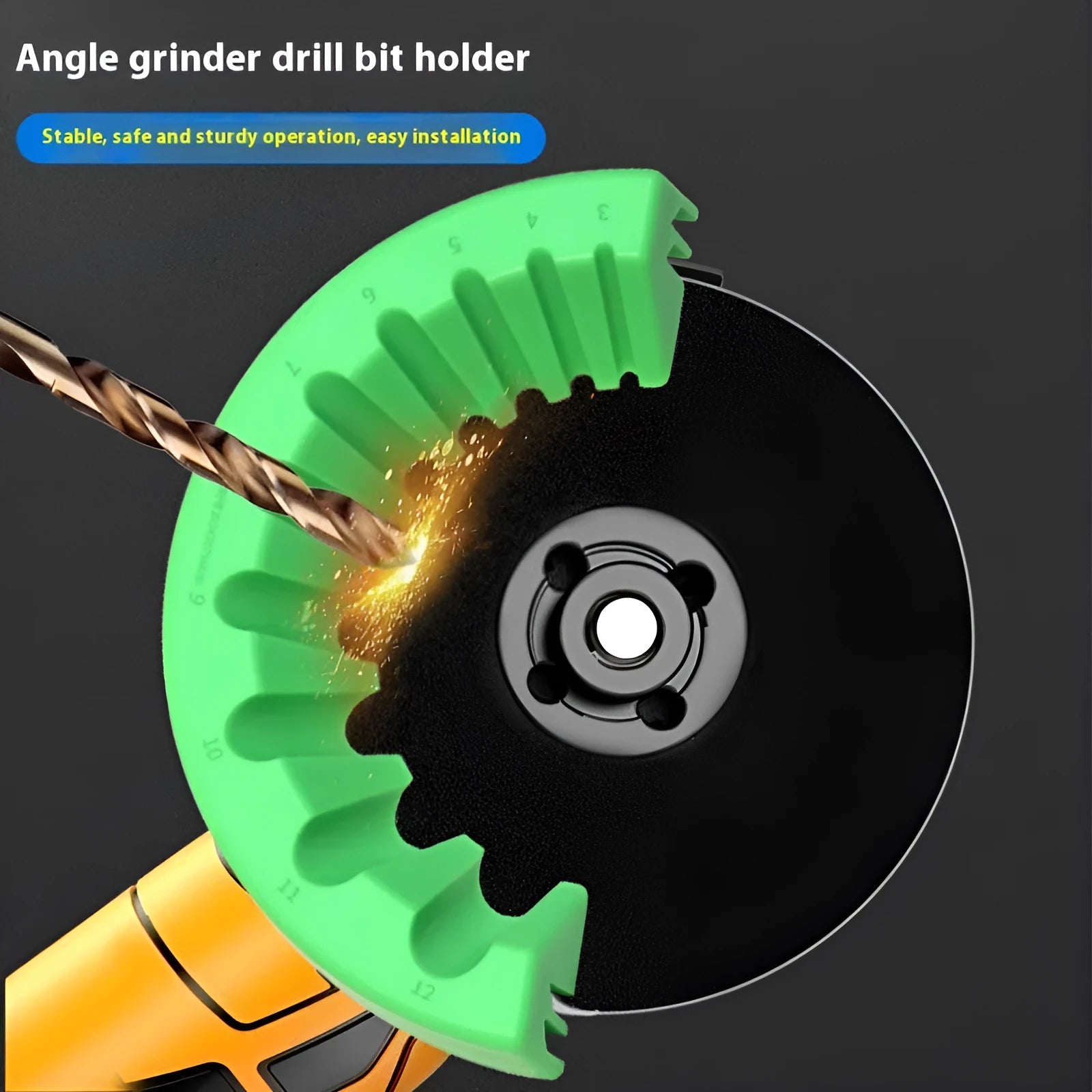Yellow, green, and black angle grinder grinding bit bracket holders for 3-12mm bits.