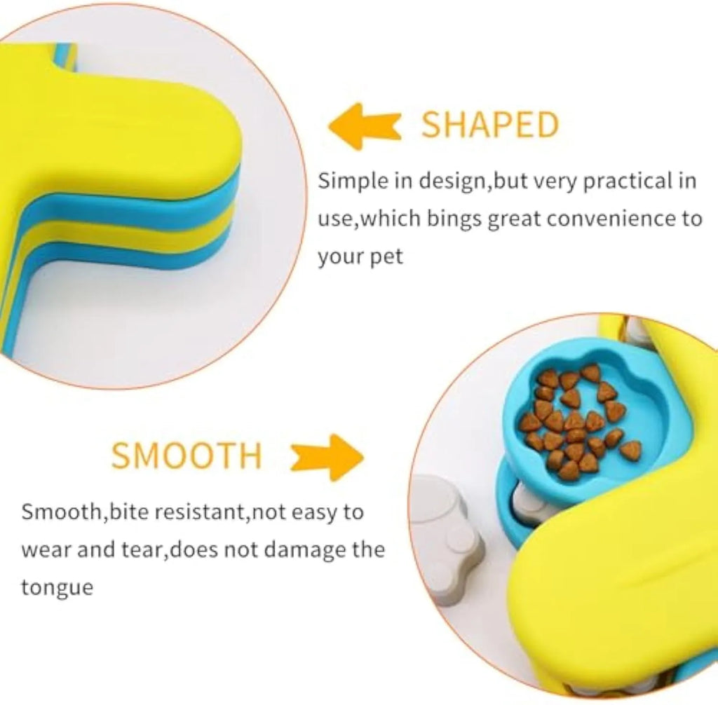 Yellow dog puzzle feeder toy with rotating lids on a non-slip base
