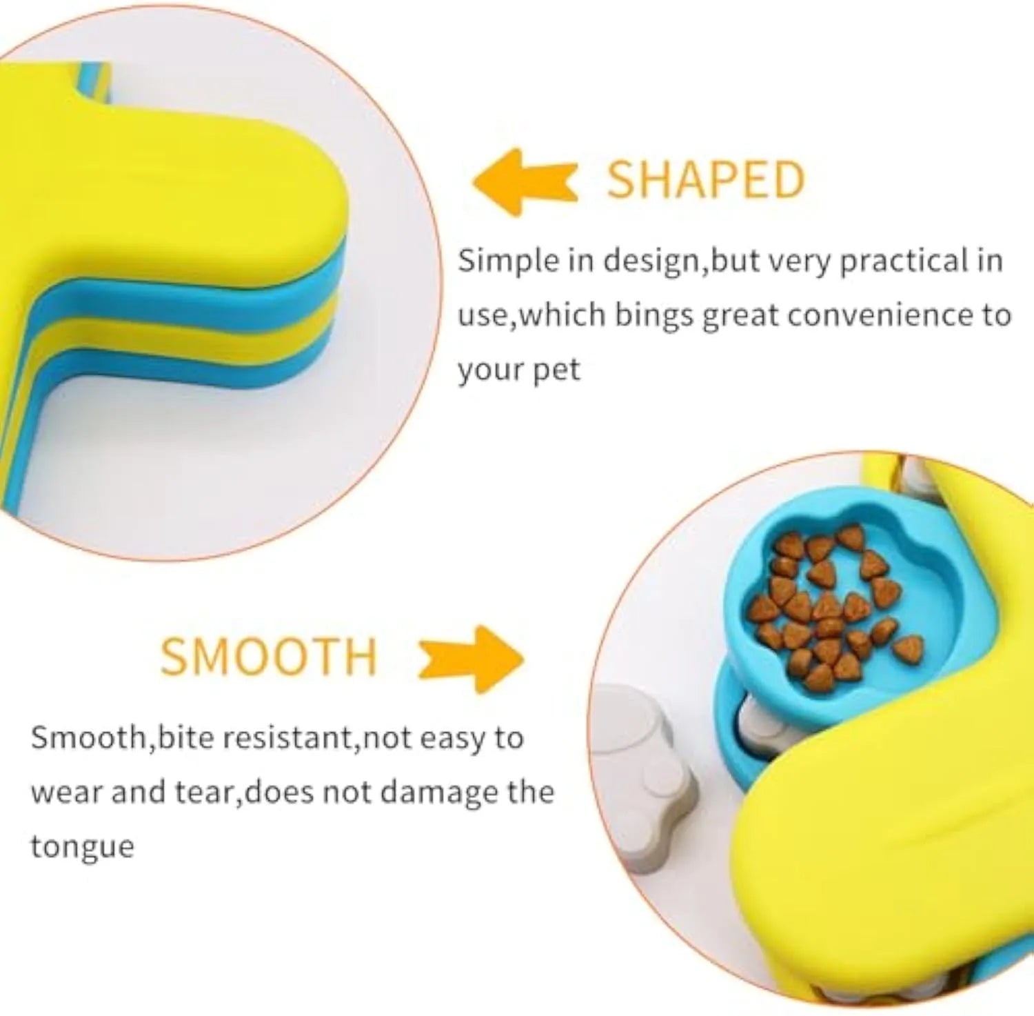 Yellow dog puzzle feeder toy with rotating lids on a non-slip base
