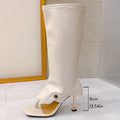 High-heel square-toe sandal boots in beige with thin straps and toe-loop, PU upper