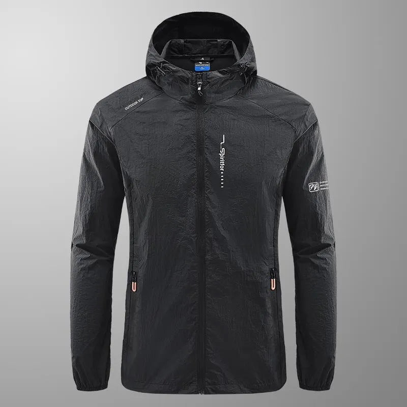 Men's thin nylon hooded jacket in light grey colour showing loose fit summer design