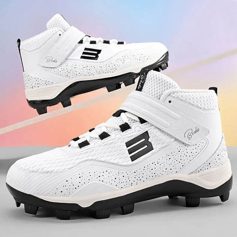 Black and white middle-top training sneakers with Velcro closure and wear-resistant rubber soles for softball
