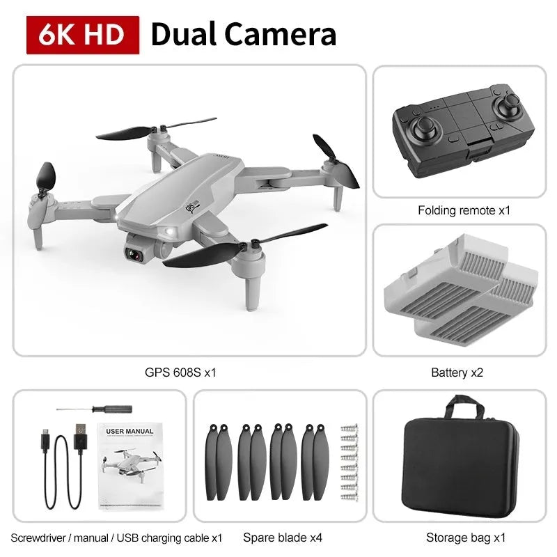 Orange GPS drone with 6K dual camera, brushless motor, foldable arms and remote control, shown with spare propellers