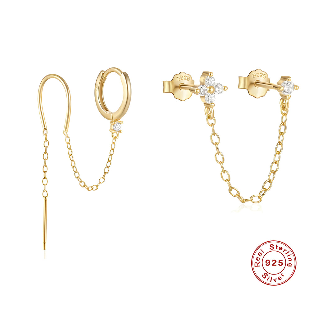 S925 sterling silver ear stud with gold electroplated flower and dangling tassel chain design.