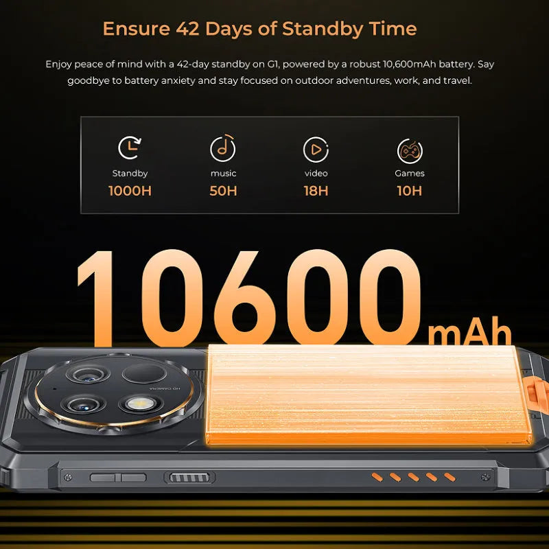 OUKITEL G1 mobile phone in green, grey, or orange colour with included charger and manual.