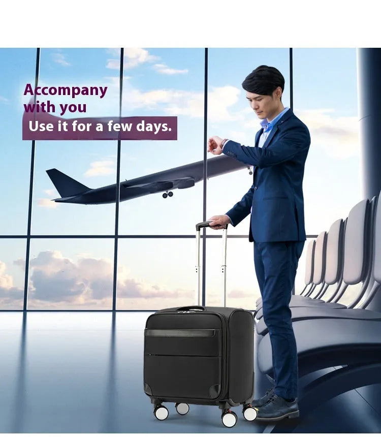 Black 18-inch Oxford cloth carry-on suitcase with retractable handle and four spinner wheels on a neutral background.