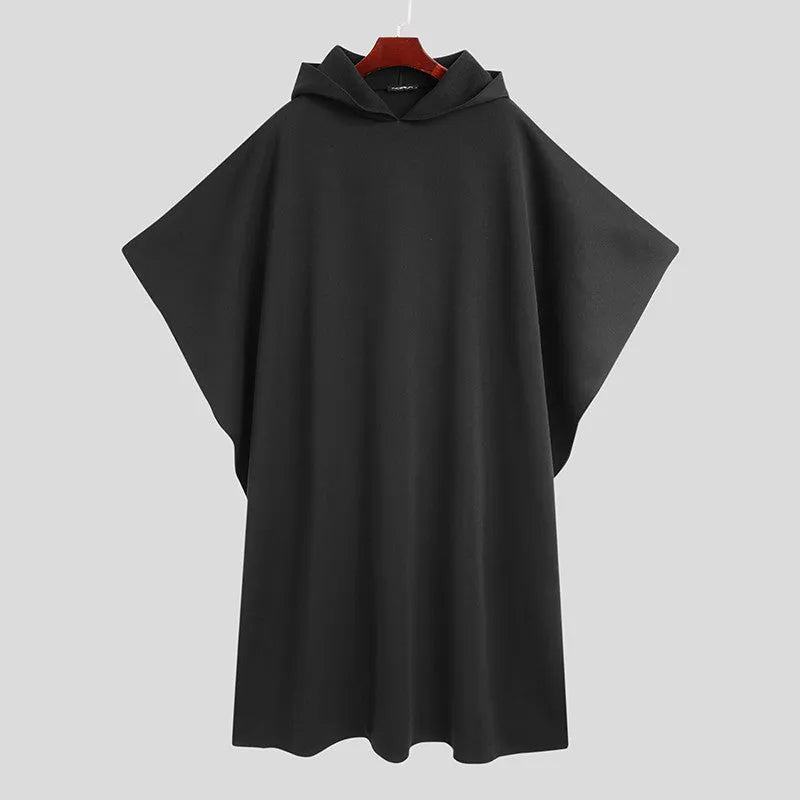 Men's black hooded cloak coat with loose punk streetwear design, front view
