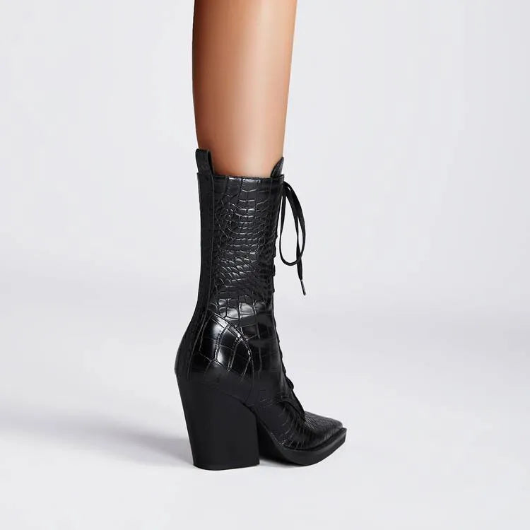 Women's dark brown retro pointed toe ankle boots with a chunky heel and side zip.