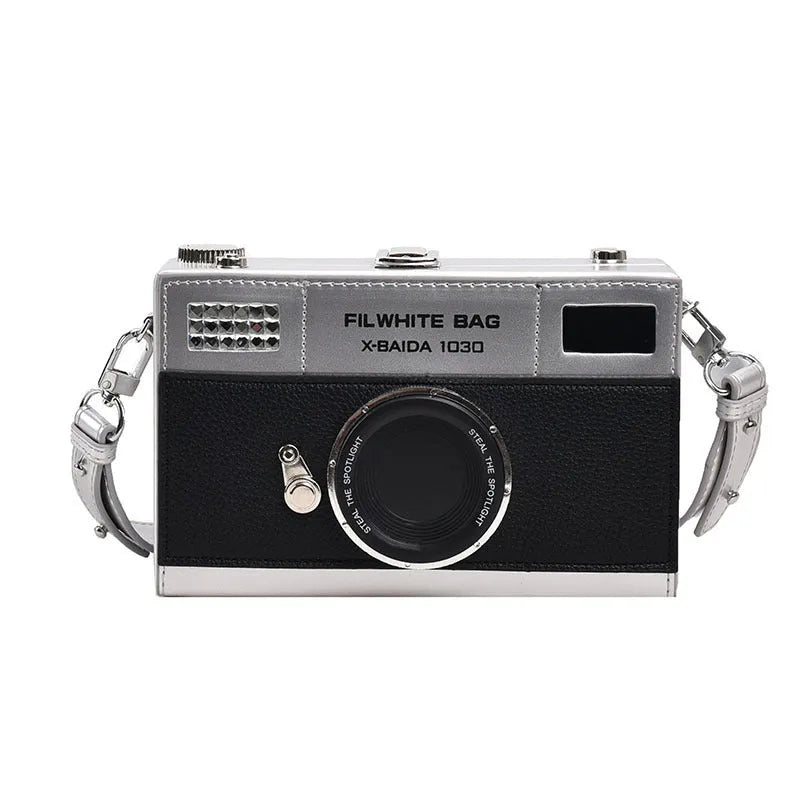 Soft PU mini crossbody chain camera bag with horizontal square design in black colour