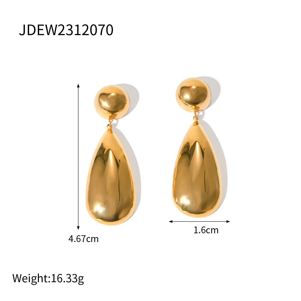 A pair of gold-coloured geometric hemisphere earrings with a hanging water droplet pendant.