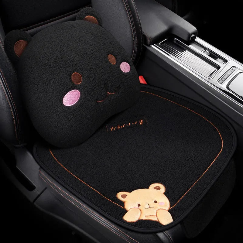 Trendy bear style car cushion three-piece set with square cushion and lumbar support in wool cotton winter filler