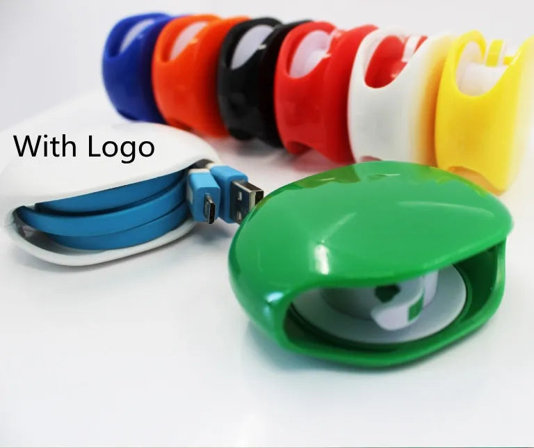 Automatic earphone cable winder showing white, blue, and black units with cable retracted into 72mm storage box.