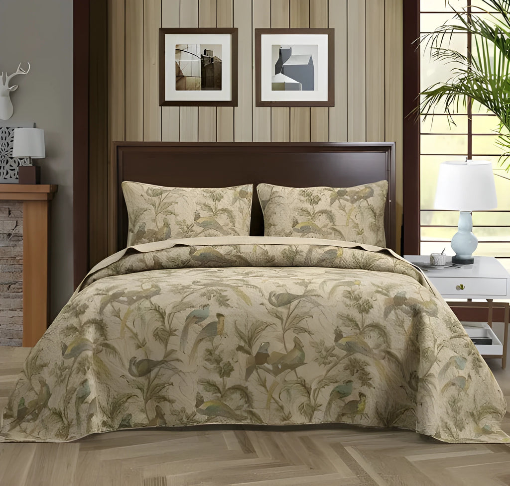 Blue 230 x 250 cm 100% cotton quilted bedspread with plants and flowers