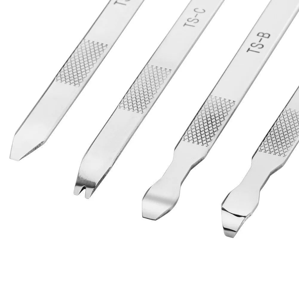 Adjustable metal phone repair fixture with silicone grips and a included prying crowbar tool.