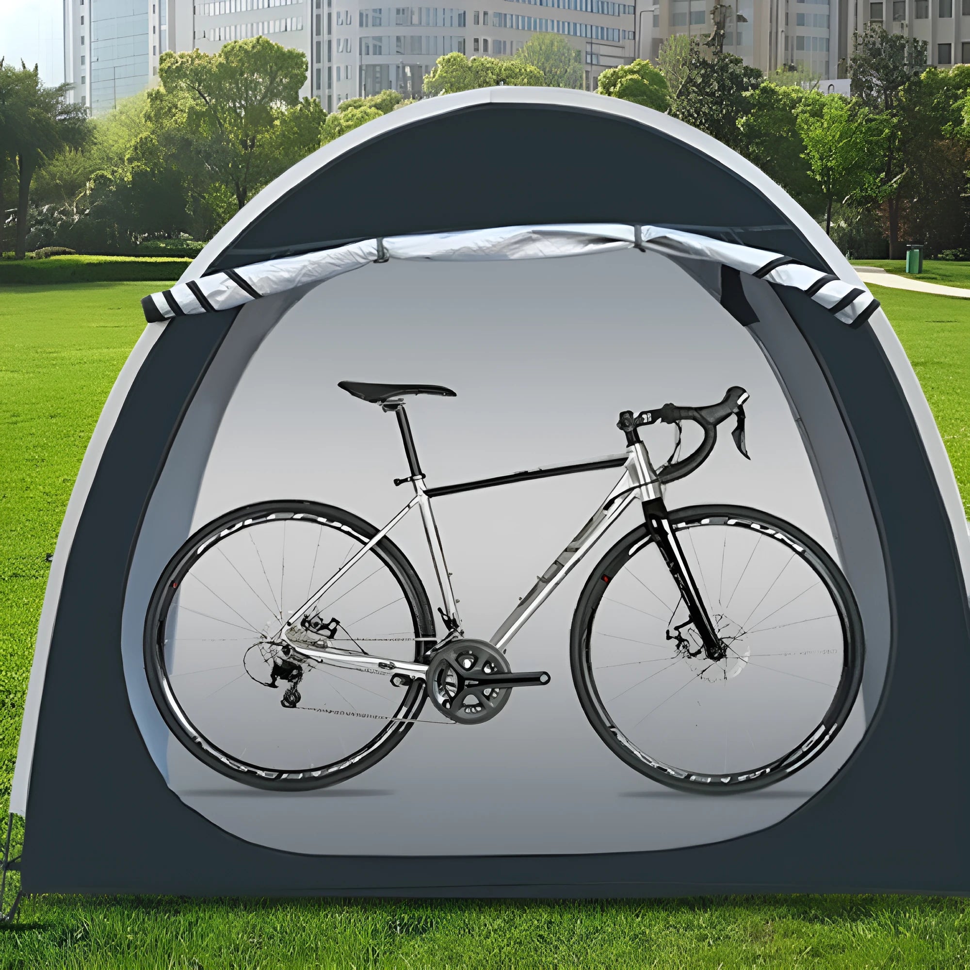 Large black outdoor bicycle storage tent showing roof design, suitable for 2-3 bikes.