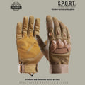 Men's black tactical full finger gloves with touch screen fingertips on a hand.