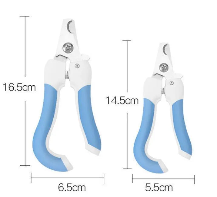 Pet nail scissors with stainless steel cutter head and curved handle in blue or pink, small or large, for dogs and cats