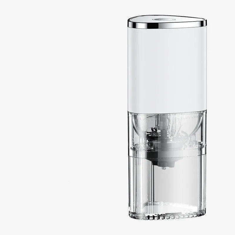 White and black portable electric coffee grinder with ceramic burr and USB charging cable.