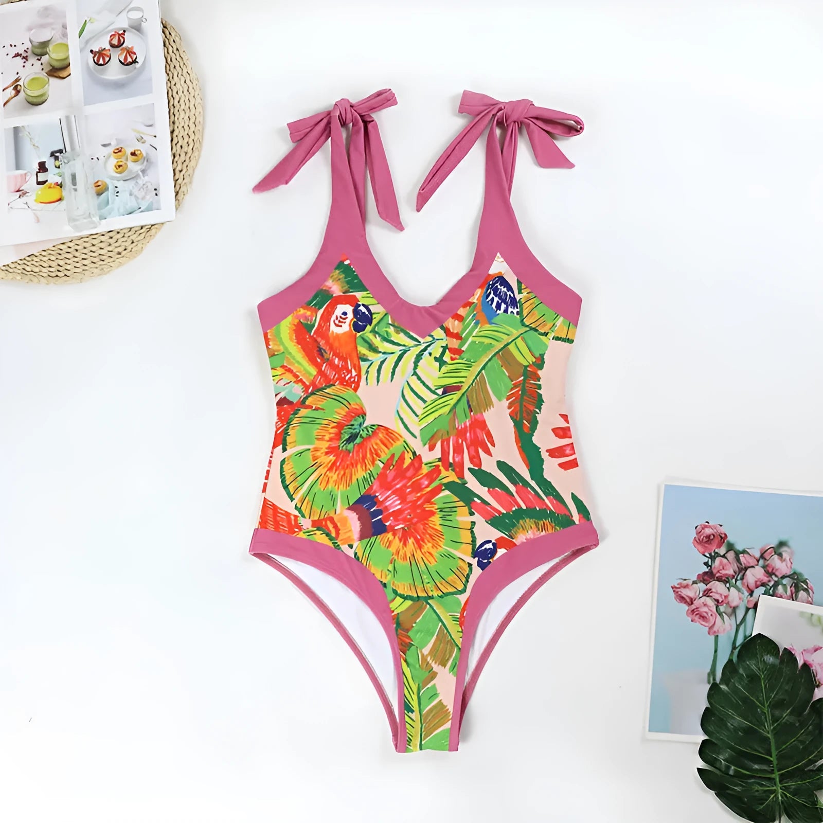 Retro floral print one-piece swimsuit with V-neck, covered belly, and attached thin skirt in pink