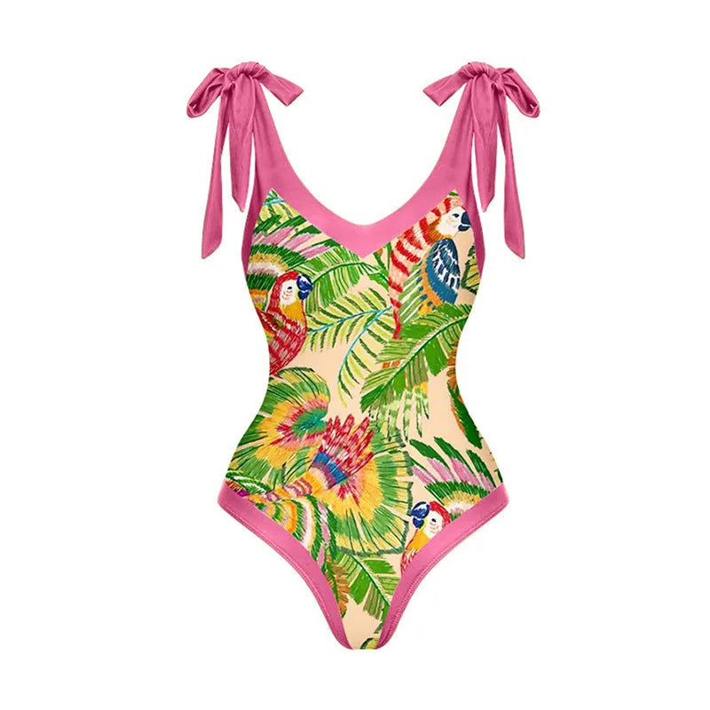 Retro floral print one-piece swimsuit with V-neck, covered belly, and attached thin skirt in pink