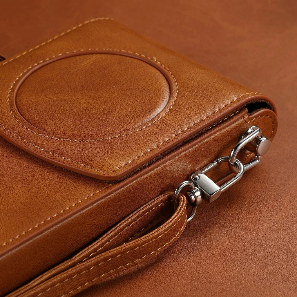 Brown leather storage bag for Apple Vision Pro power supply, portable satchel protective sleeve