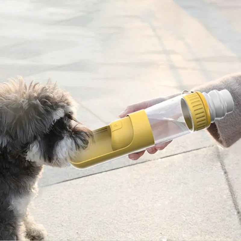 Dark blue portable dog water bottle with attached drinking bowl, shown with measurements.