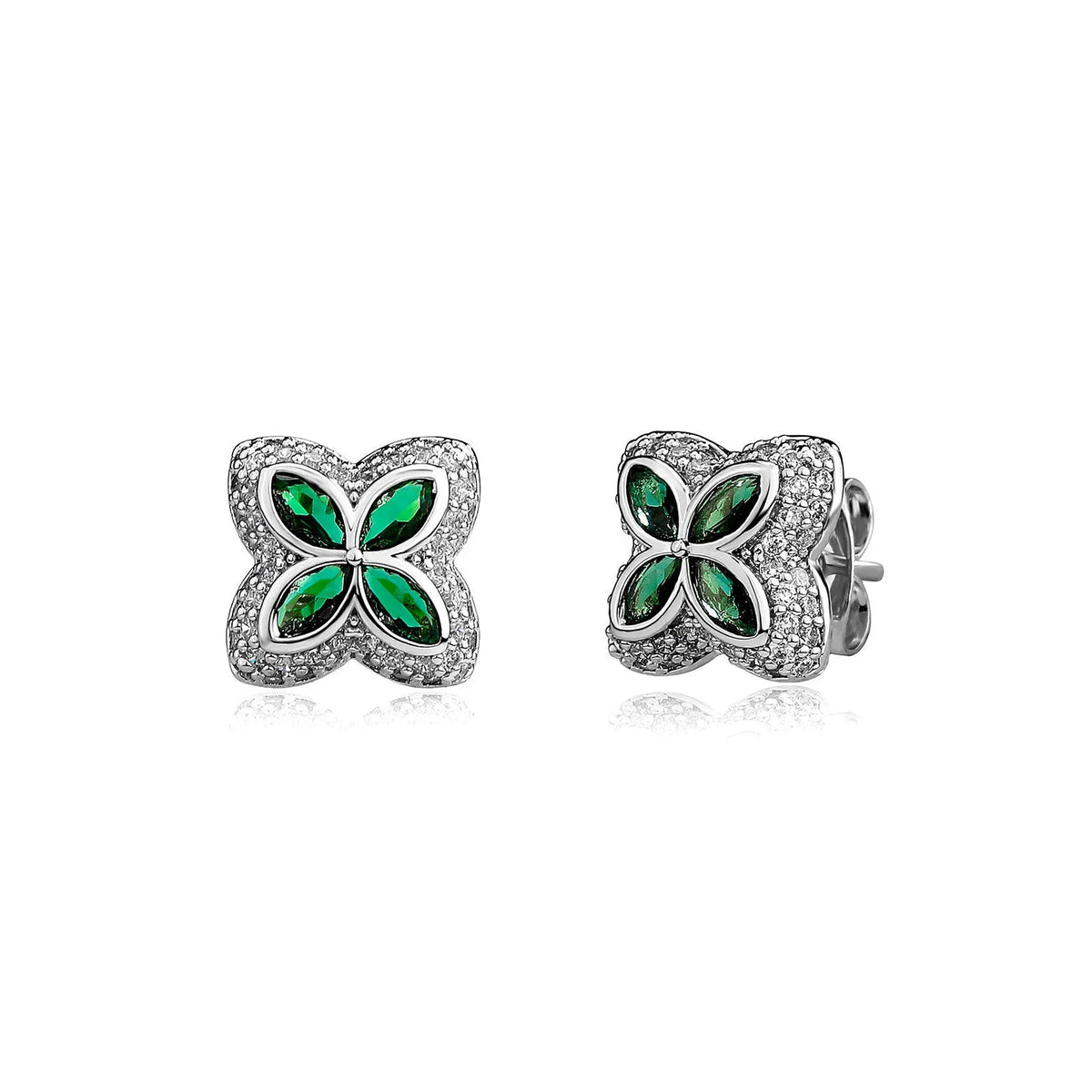 Four-leaf clover stud earrings with full diamond micro inlay, copper base, flower and leaf shape