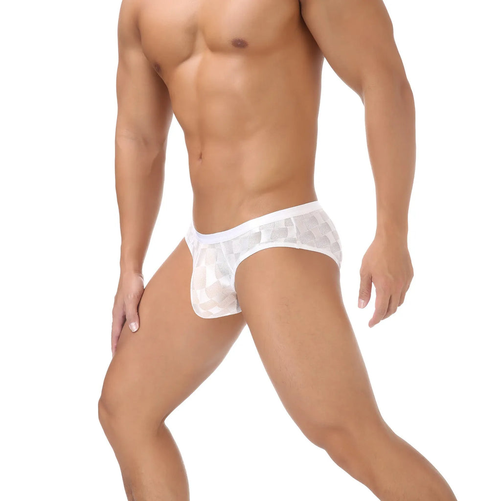 Men's black and white plaid mesh underpants with U-convex design on mannequin
