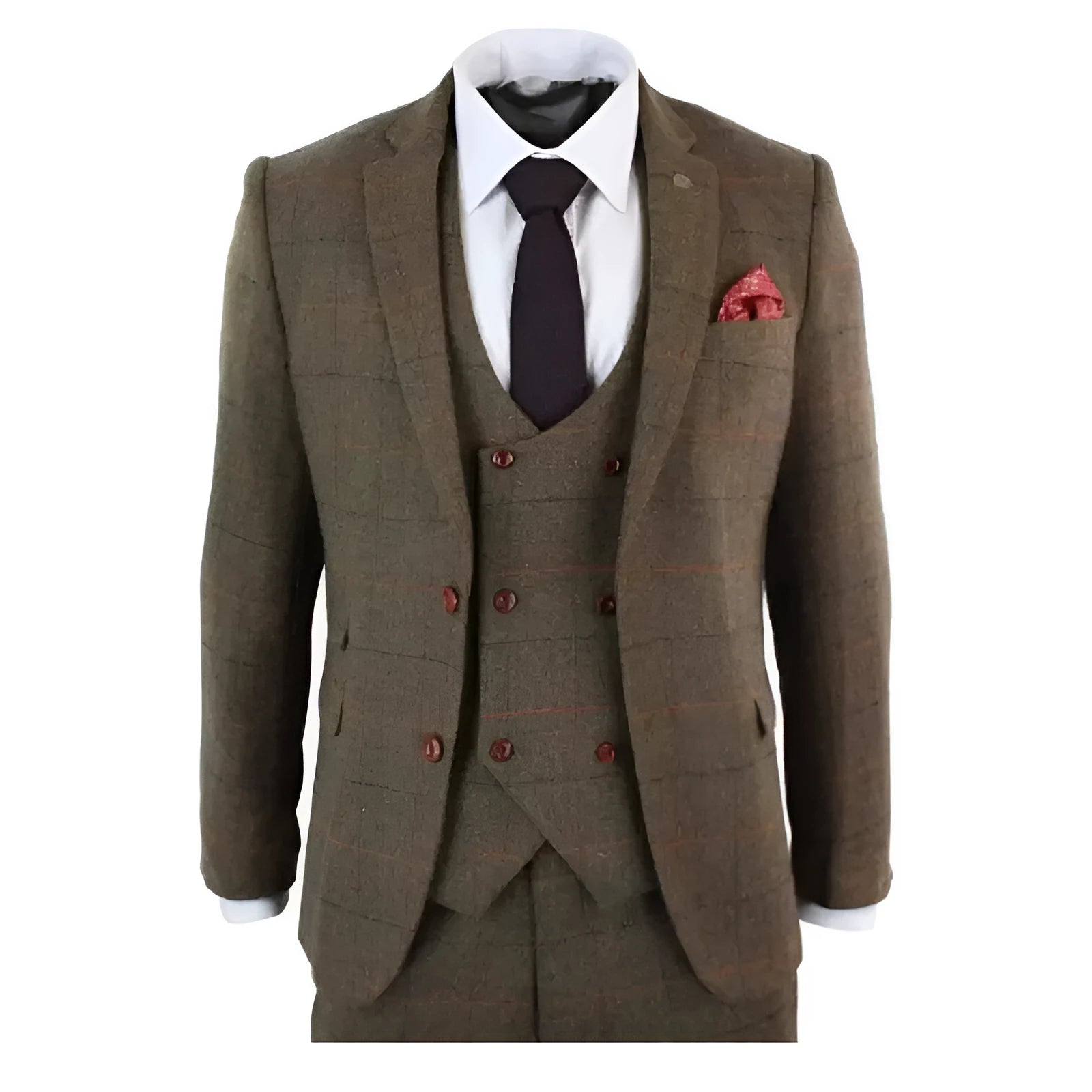 German-style three-piece brown plaid slim fit suit set with coat, vest, and trousers on hanger