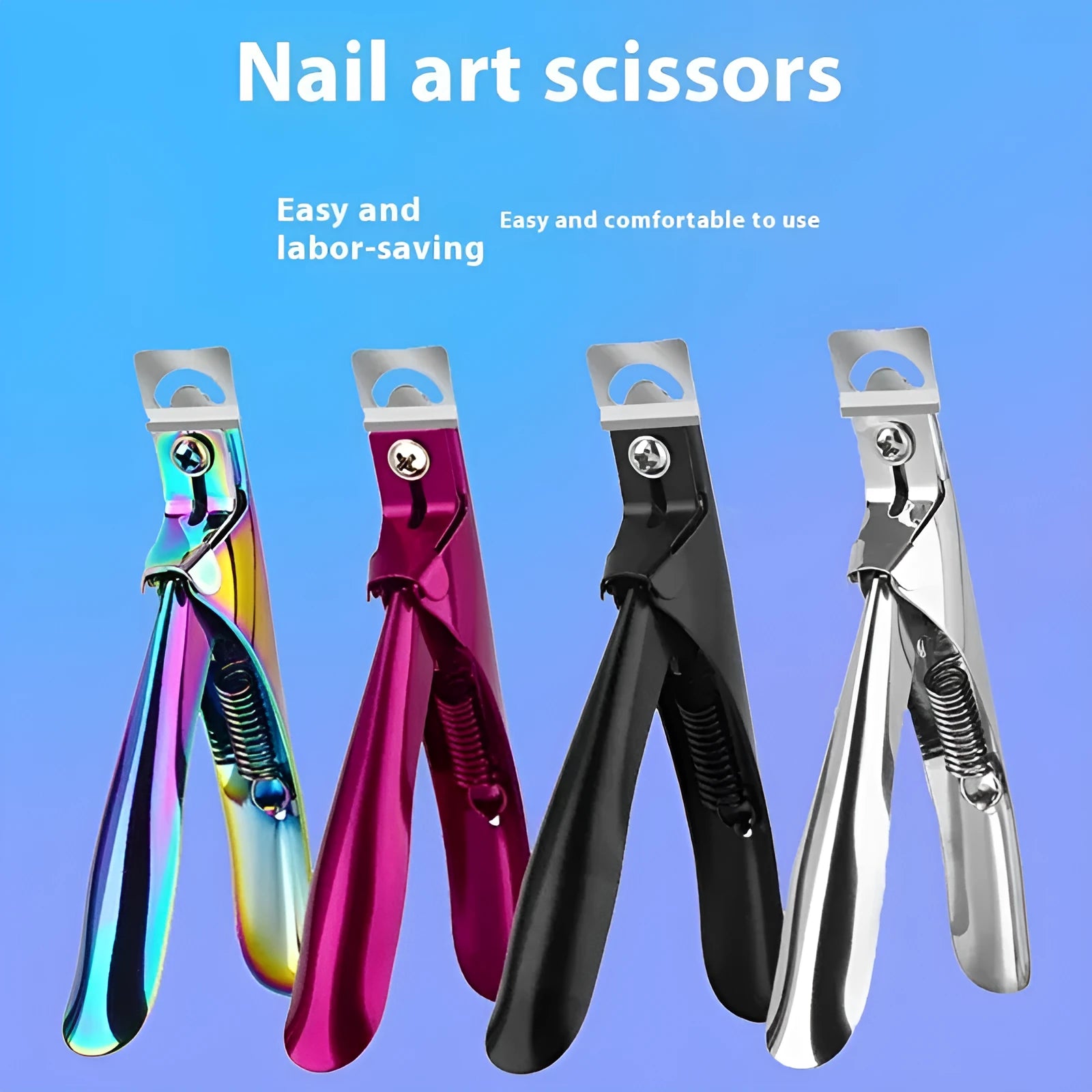 Stainless steel French U-shaped nail art scissors in black, titanium, or silver finish.