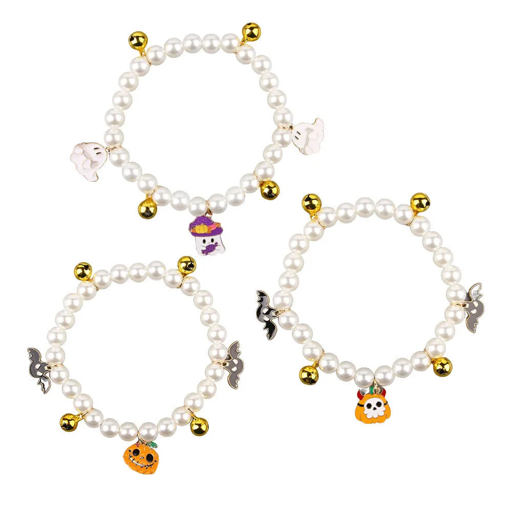 Halloween cat collar with simulated pearl necklace decoration showing three pumpkin design options