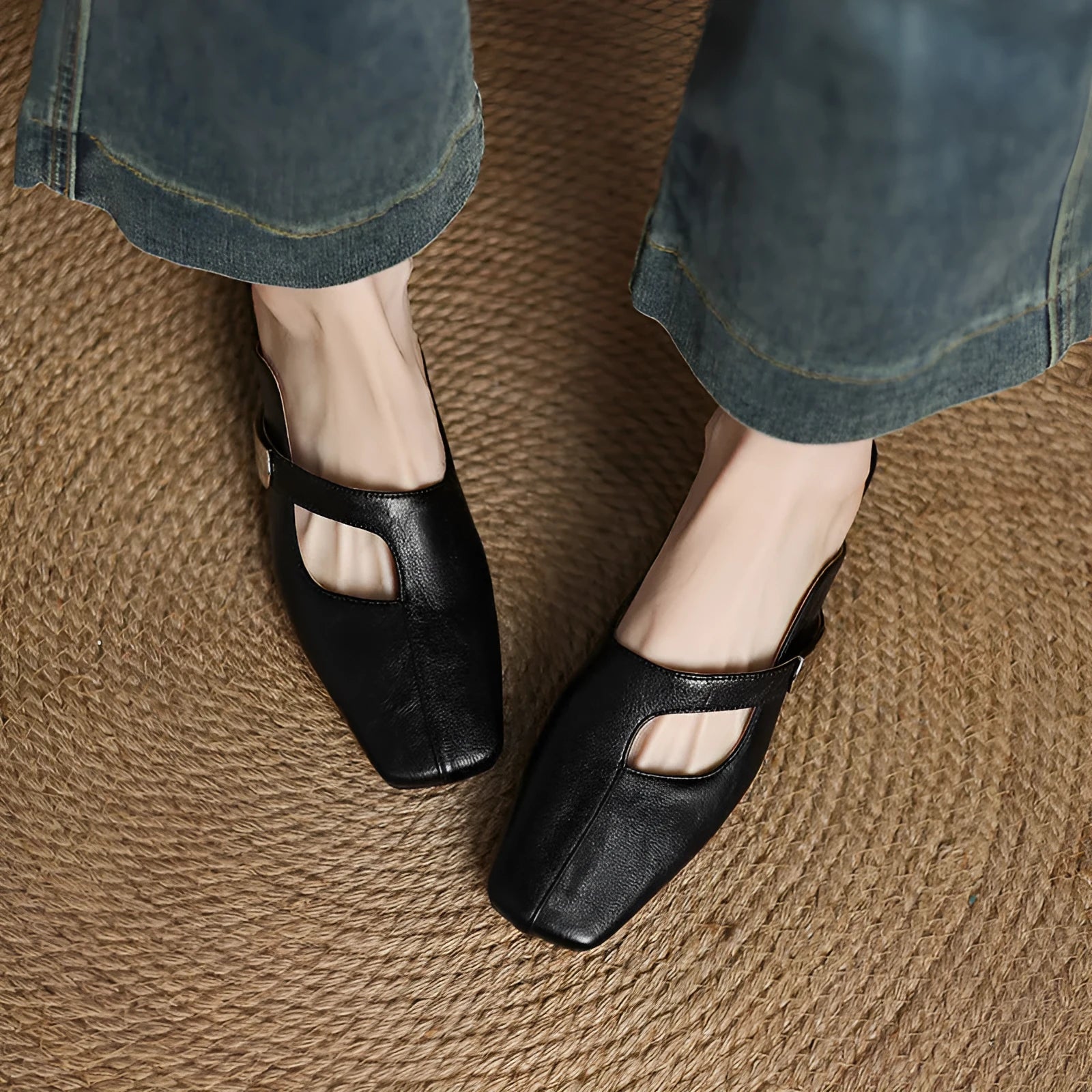 Square head low heel leisure slipper in artificial PU, shown in black, beige, and silver colour options.