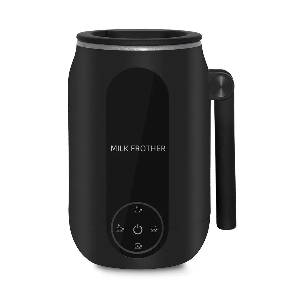 Black automatic electric milk frother with 450ml capacity, 304 steel liner, and touch control for hot and cold frothing