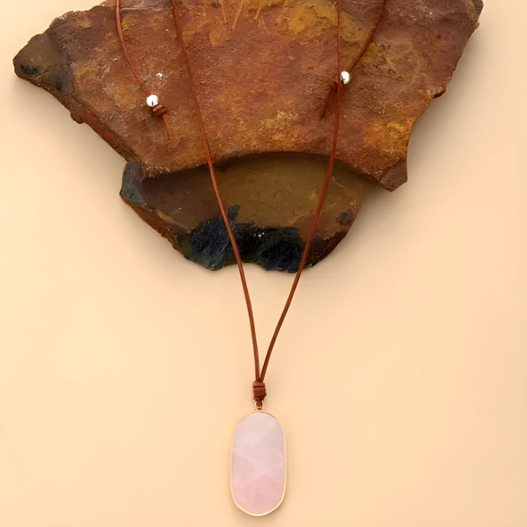 Natural stone pendant necklace with adjustable leather cord in Pink Crystal or WhitePine colour option
