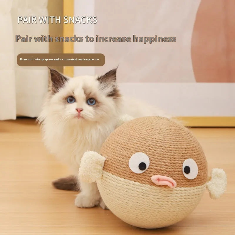Puffer fish-shaped pet food feeder toy made from natural sisal hemp strips, 15cm cube design