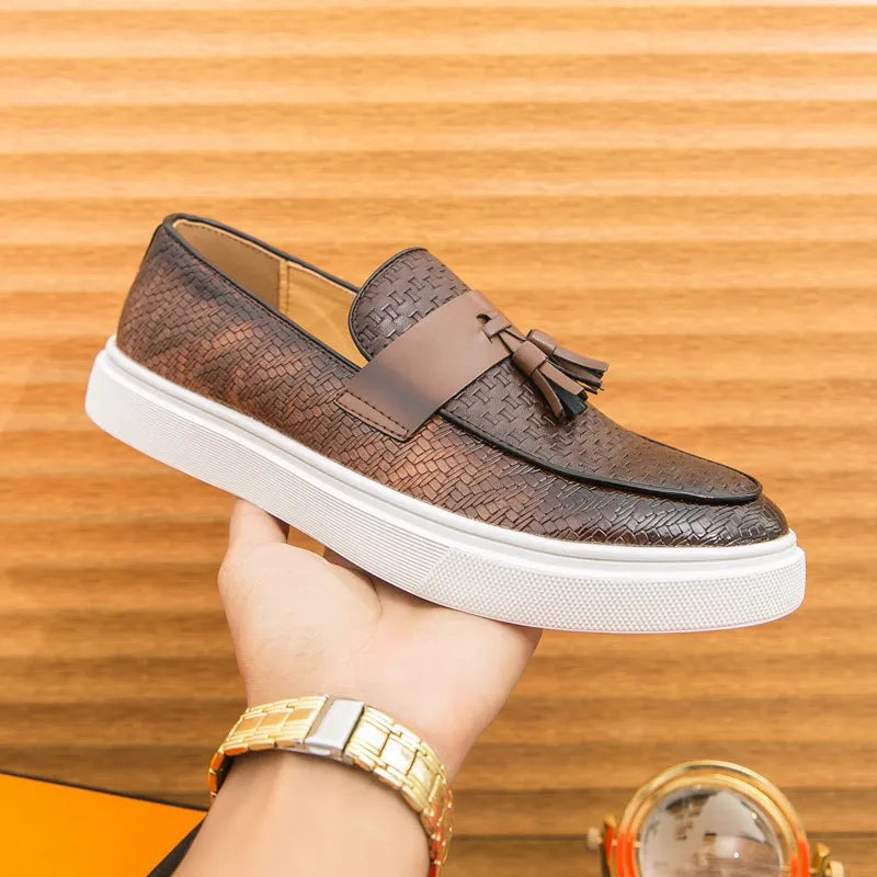 Men's black casual shoes with fringed detailing on artificial PU leather uppers