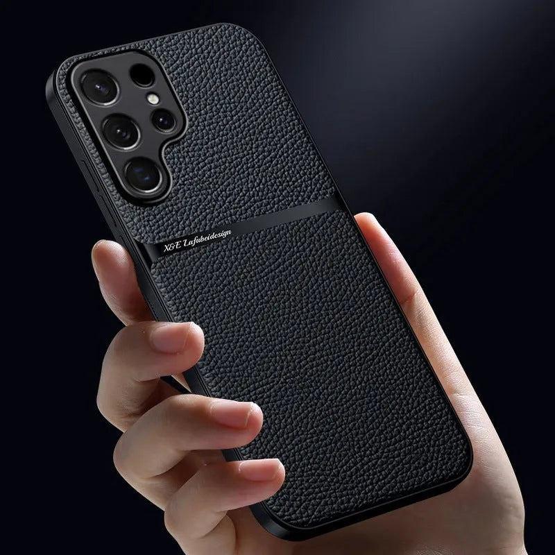 Litchi leather pattern Samsung phone case with embossed plaid design and magnetic anti-fall cover in Still Night Black.
