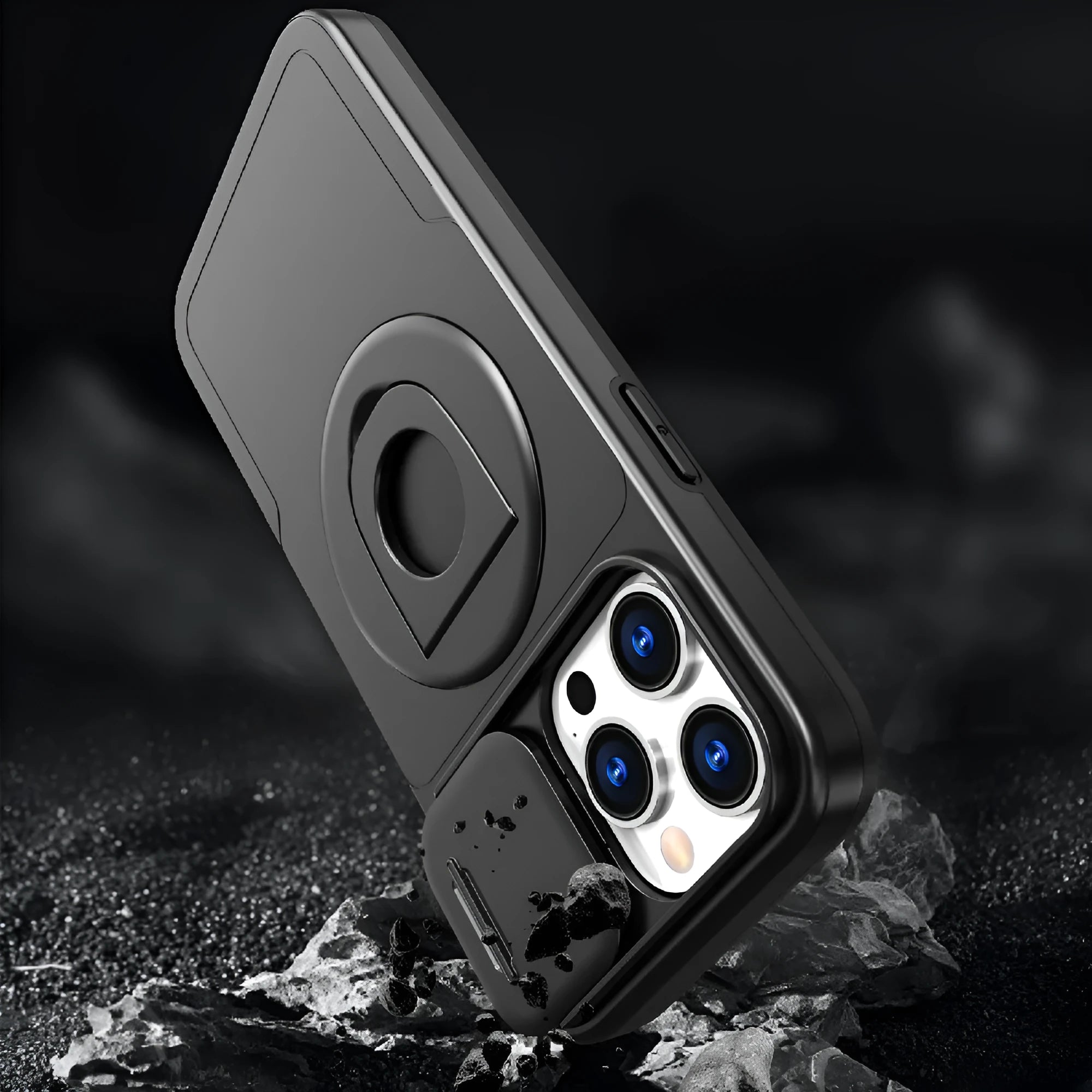 Phone case with sliding window, magnetic ring rotating bracket, in black, for Apple iPhone 16 Pro Max